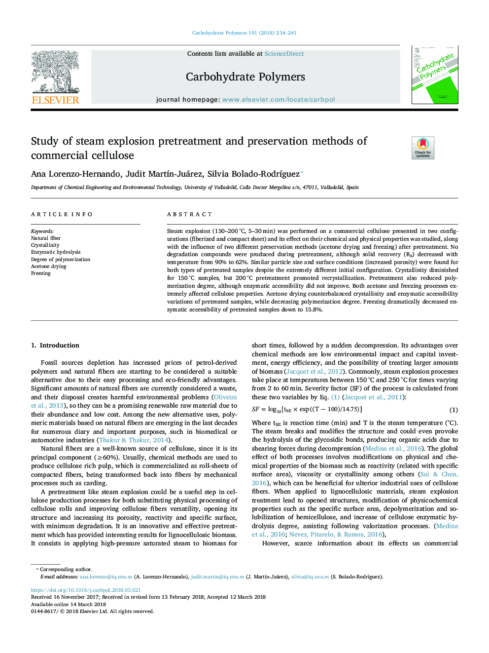 Study of steam explosion pretreatment and preservation methods of commercial cellulose