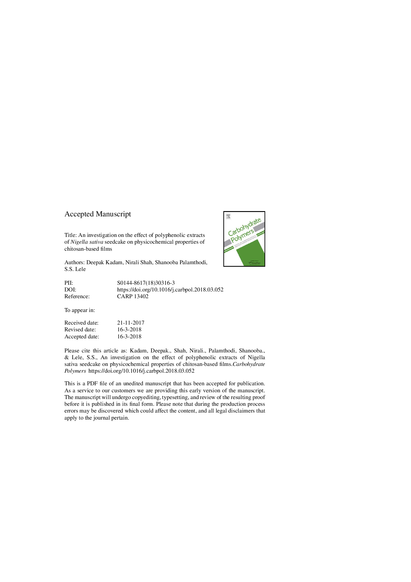 An investigation on the effect of polyphenolic extracts of Nigella sativa seedcake on physicochemical properties of chitosan-based films