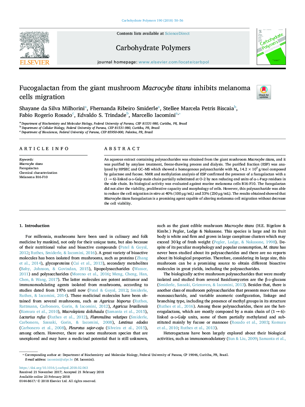 Fucogalactan from the giant mushroom Macrocybe titans inhibits melanoma cells migration