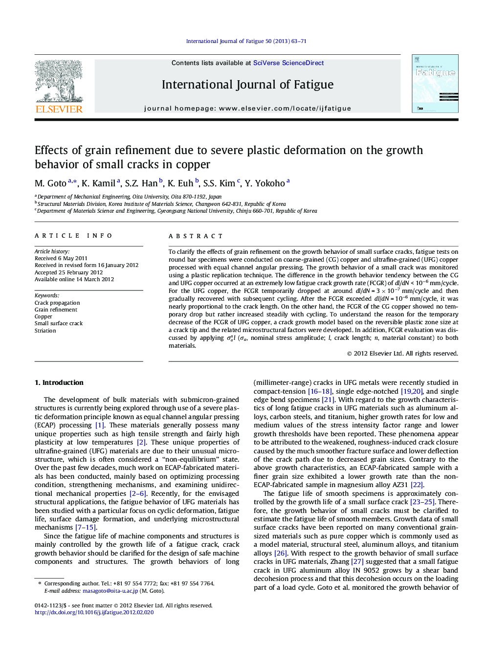 Effects of grain refinement due to severe plastic deformation on the growth behavior of small cracks in copper