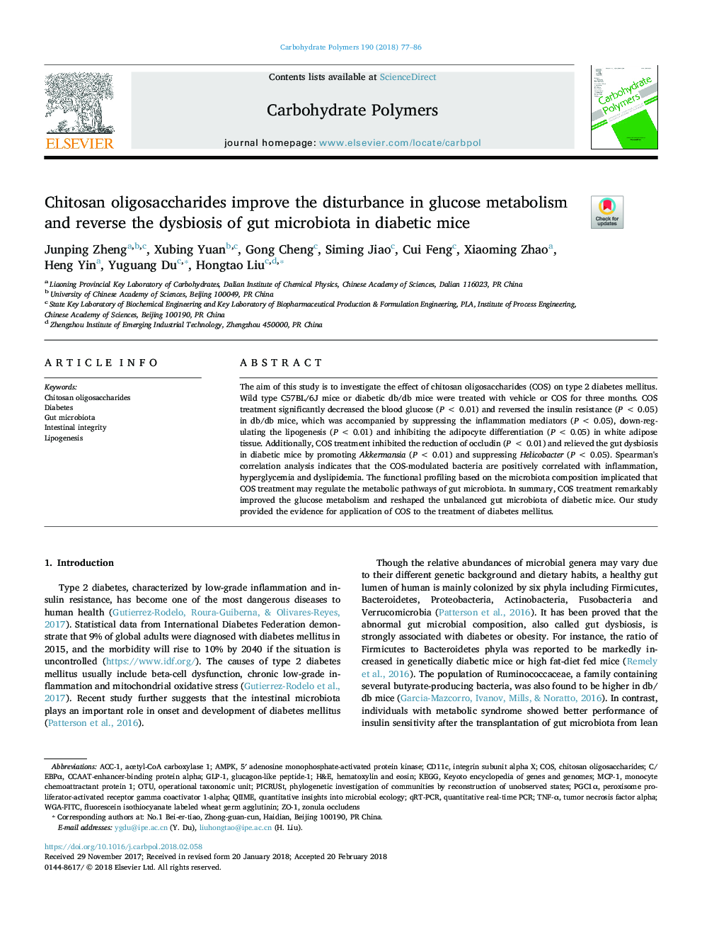 Chitosan oligosaccharides improve the disturbance in glucose metabolism and reverse the dysbiosis of gut microbiota in diabetic mice