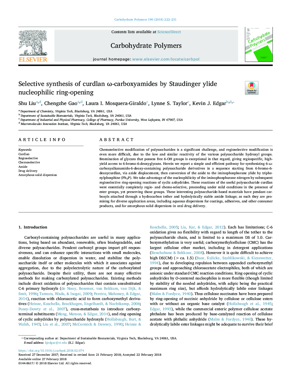 Selective synthesis of curdlan Ï-carboxyamides by Staudinger ylide nucleophilic ring-opening