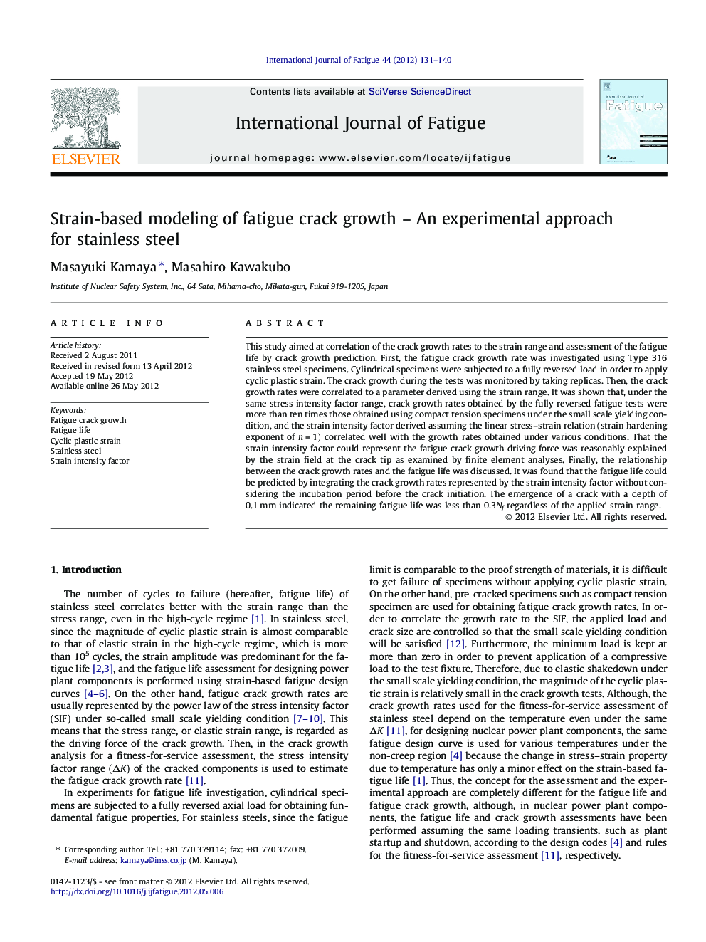 Strain-based modeling of fatigue crack growth – An experimental approach for stainless steel