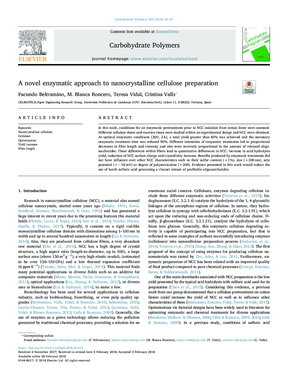 A novel enzymatic approach to nanocrystalline cellulose preparation