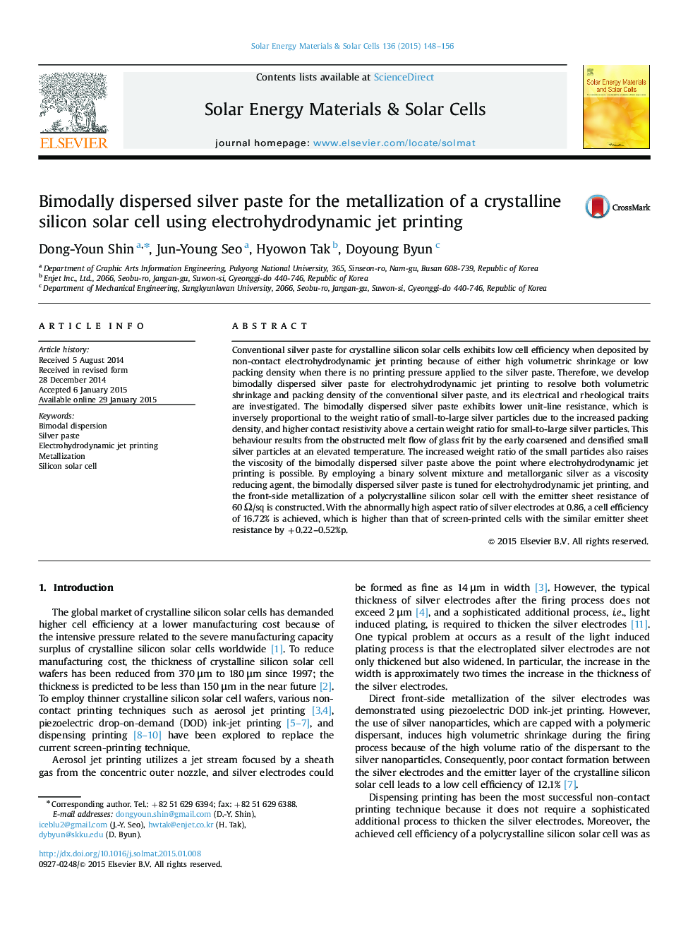 Bimodally dispersed silver paste for the metallization of a crystalline silicon solar cell using electrohydrodynamic jet printing