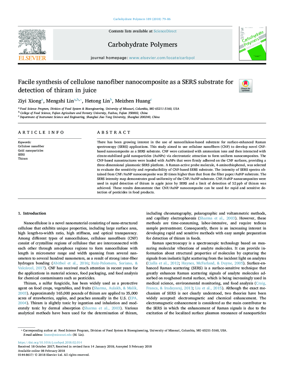 Facile synthesis of cellulose nanofiber nanocomposite as a SERS substrate for detection of thiram in juice