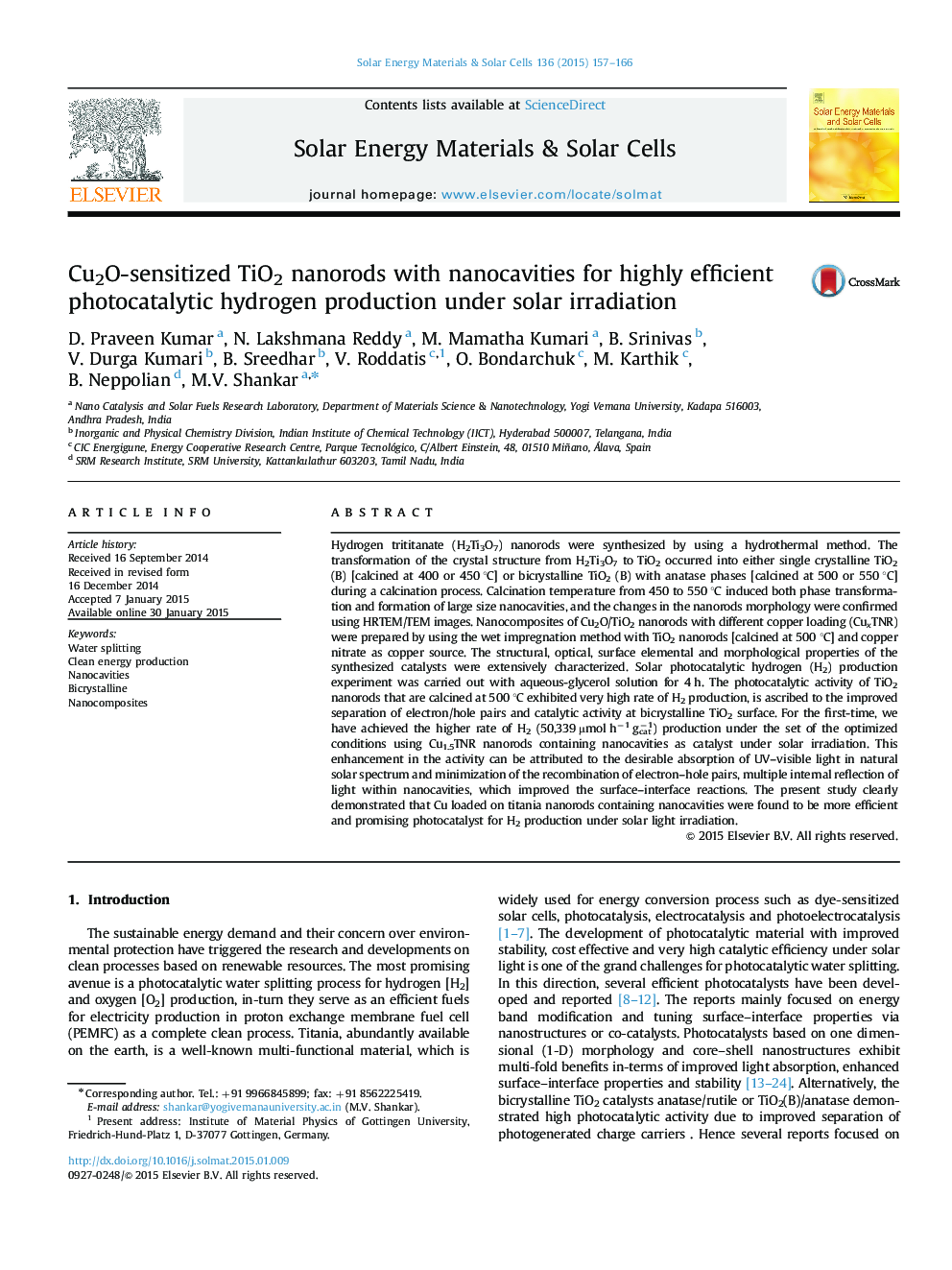 Cu2O-sensitized TiO2 nanorods with nanocavities for highly efficient photocatalytic hydrogen production under solar irradiation