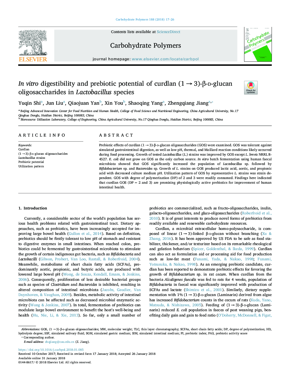 In vitro digestibility and prebiotic potential of curdlan (1â¯ââ¯3)-Î²-d-glucan oligosaccharides in Lactobacillus species