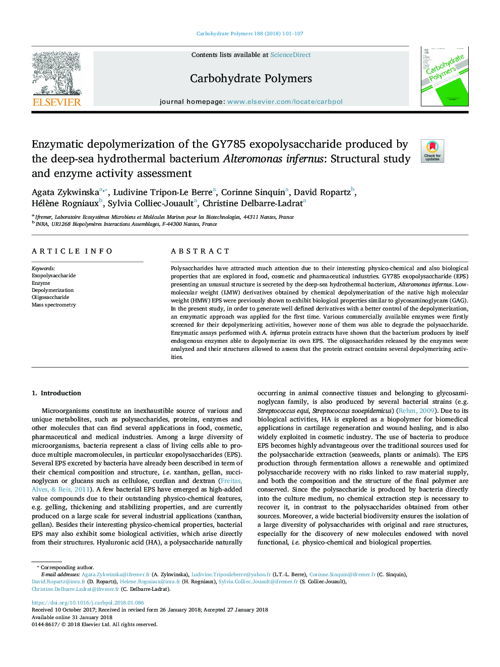 Enzymatic depolymerization of the GY785 exopolysaccharide produced by the deep-sea hydrothermal bacterium Alteromonas infernus: Structural study and enzyme activity assessment