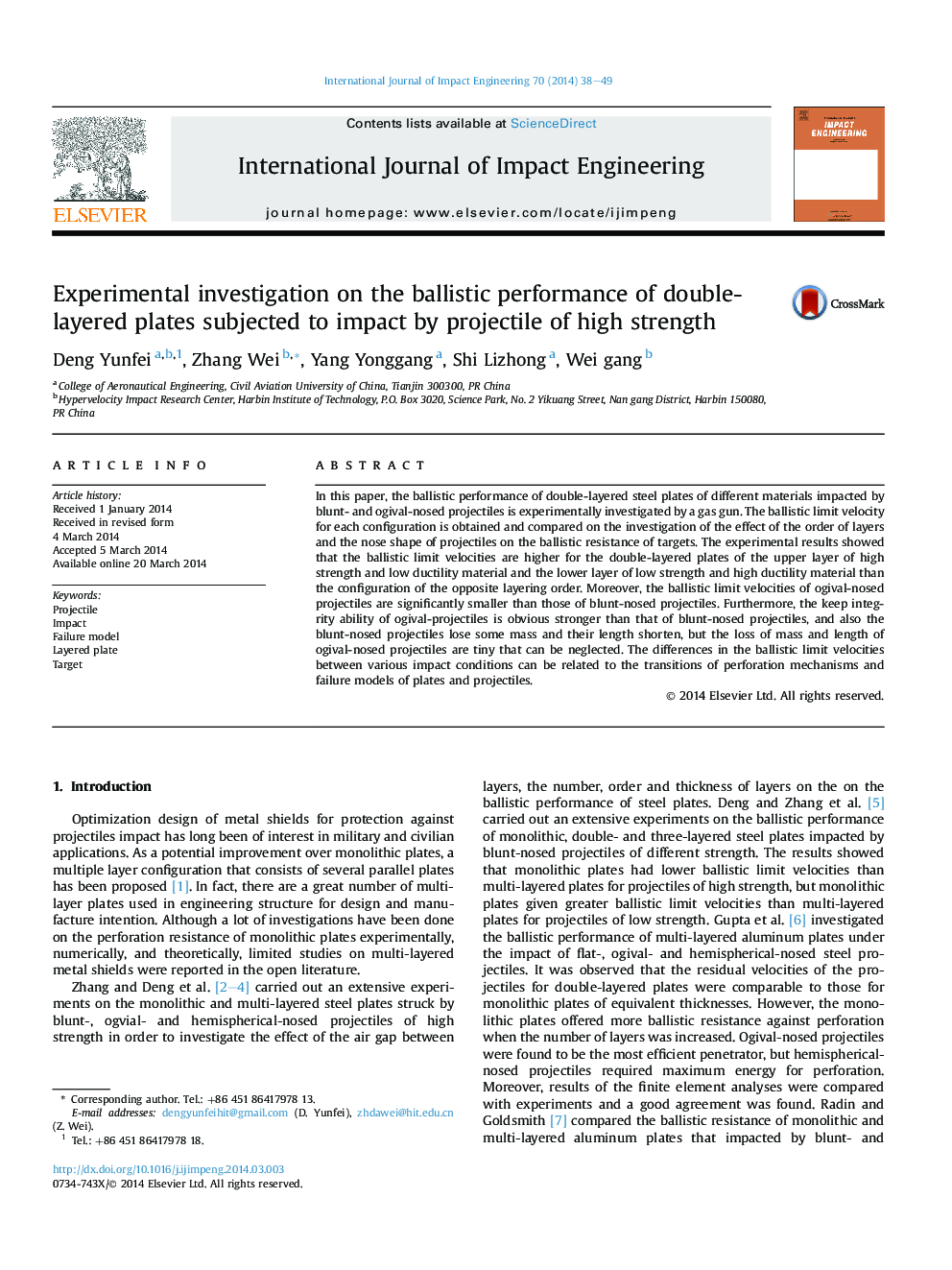 Experimental investigation on the ballistic performance of double-layered plates subjected to impact by projectile of high strength