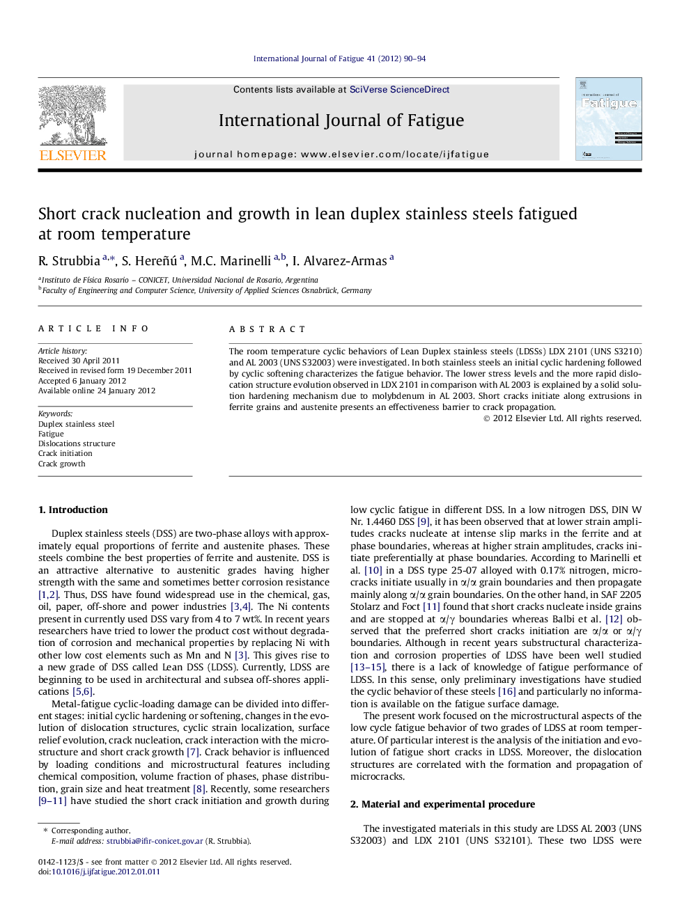 Short crack nucleation and growth in lean duplex stainless steels fatigued at room temperature