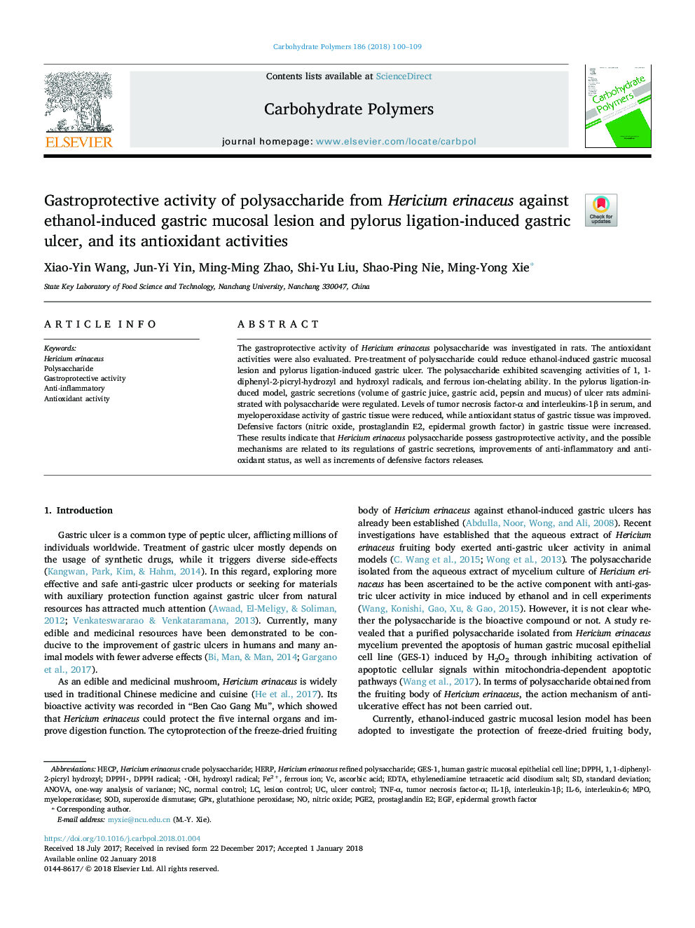 Gastroprotective activity of polysaccharide from Hericium erinaceus against ethanol-induced gastric mucosal lesion and pylorus ligation-induced gastric ulcer, and its antioxidant activities