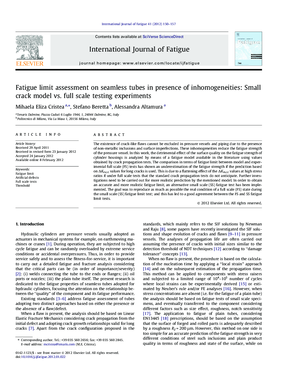Fatigue limit assessment on seamless tubes in presence of inhomogeneities: Small crack model vs. full scale testing experiments