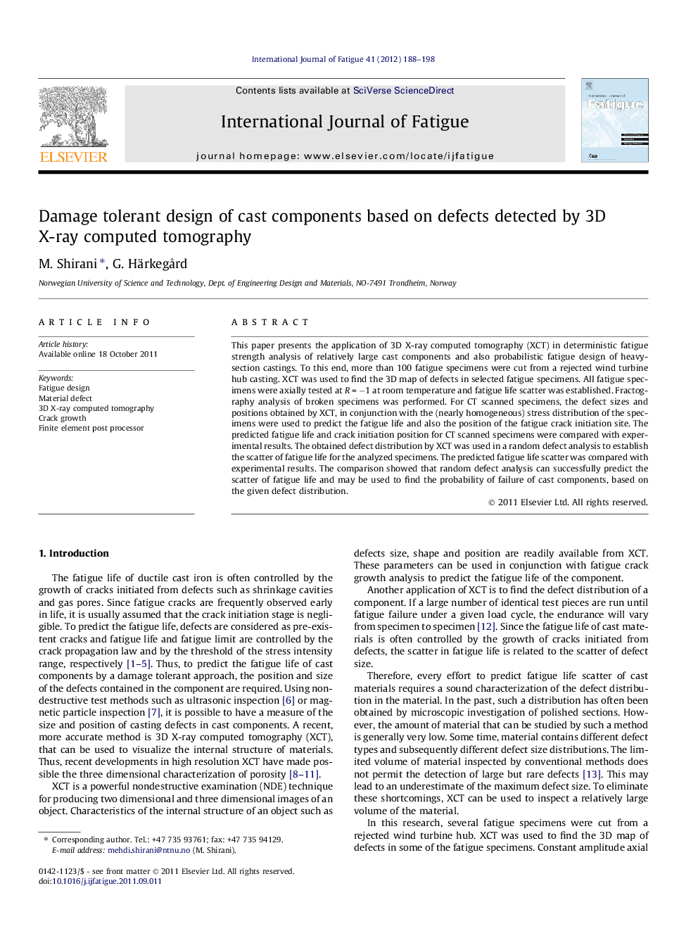 Damage tolerant design of cast components based on defects detected by 3D X-ray computed tomography