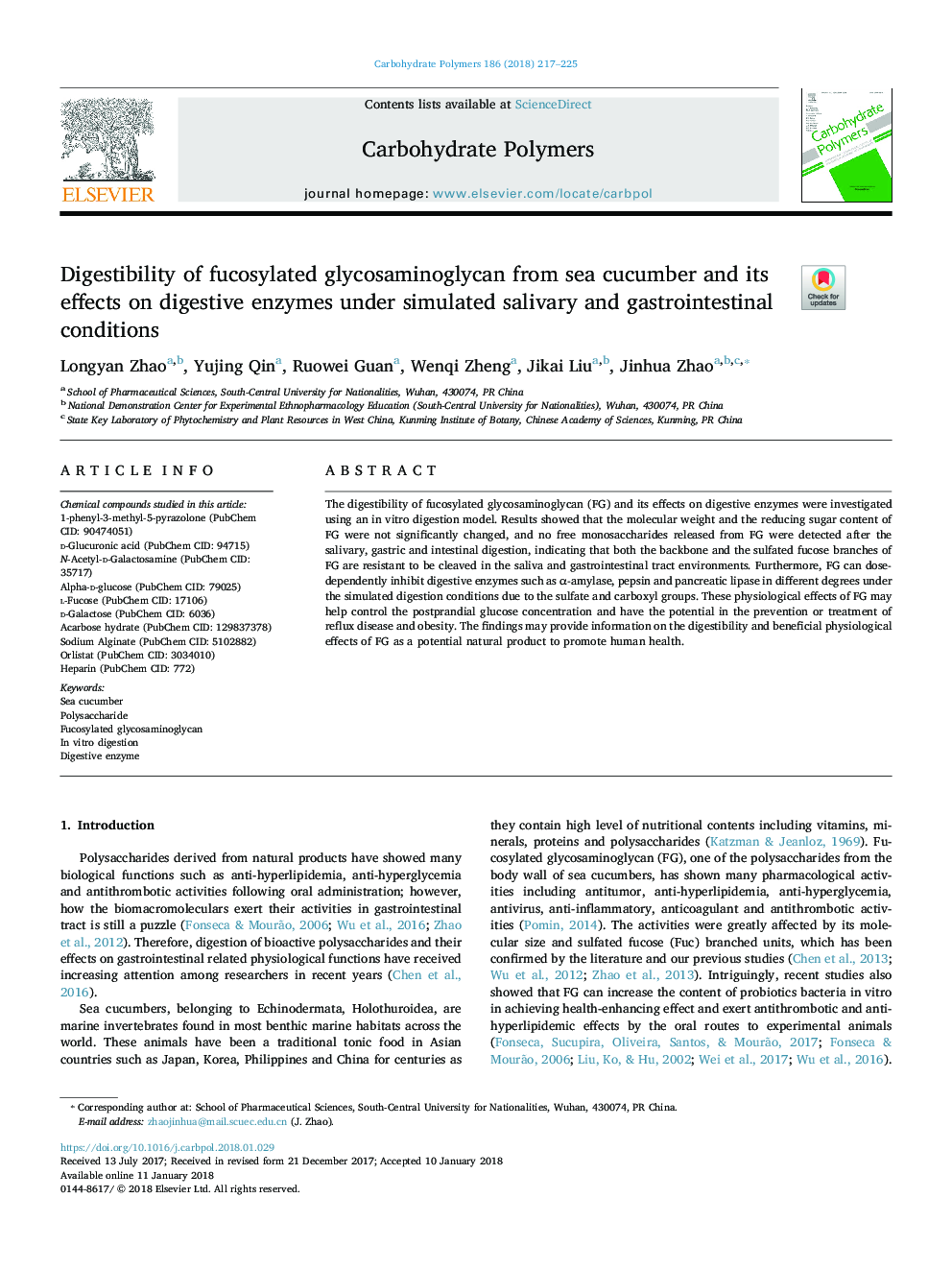 Digestibility of fucosylated glycosaminoglycan from sea cucumber and its effects on digestive enzymes under simulated salivary and gastrointestinal conditions