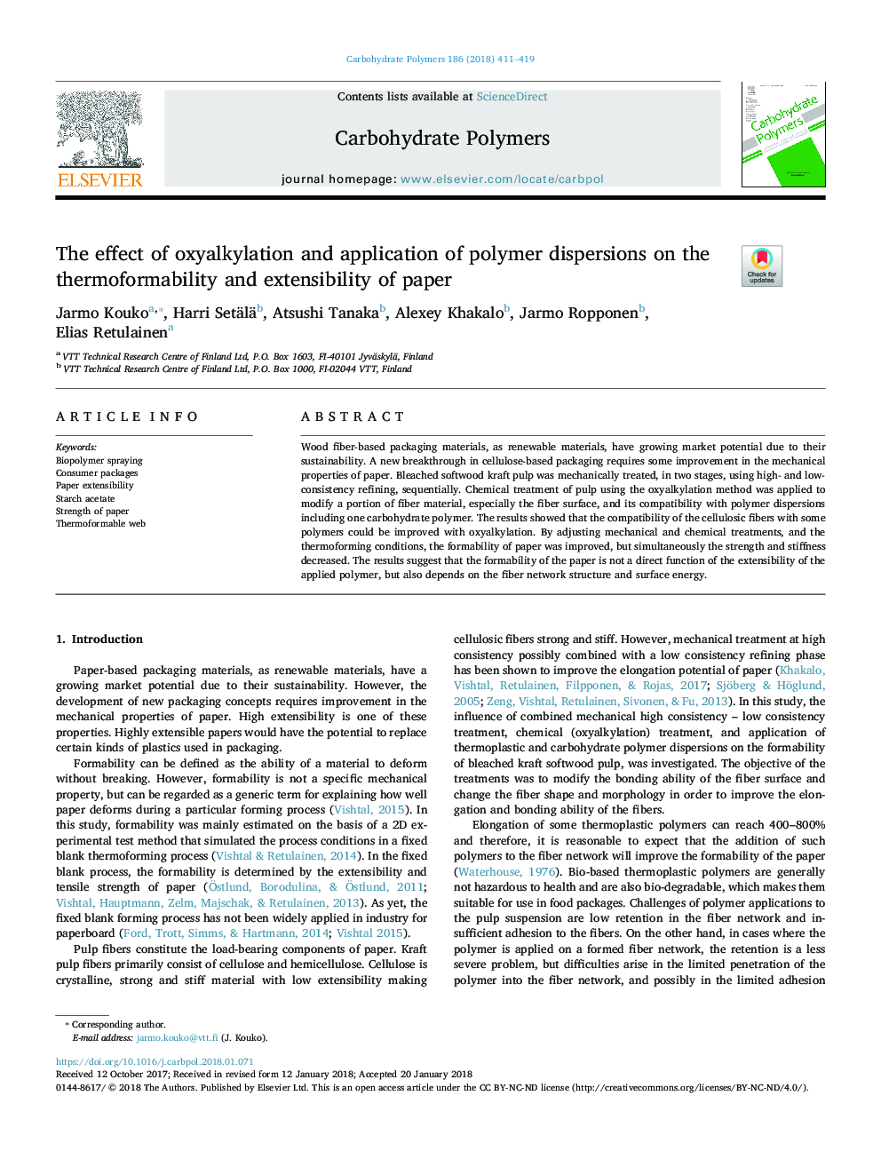 The effect of oxyalkylation and application of polymer dispersions on the thermoformability and extensibility of paper