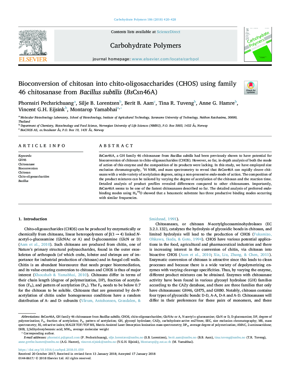 Bioconversion of chitosan into chito-oligosaccharides (CHOS) using family 46 chitosanase from Bacillus subtilis (BsCsn46A)