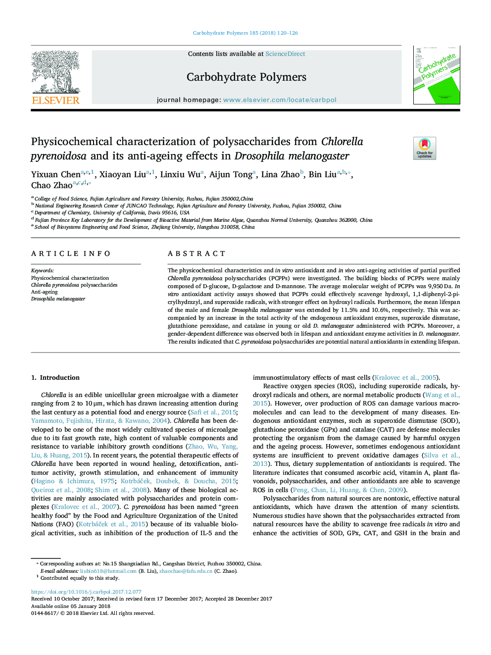 Physicochemical characterization of polysaccharides from Chlorella pyrenoidosa and its anti-ageing effects in Drosophila melanogaster