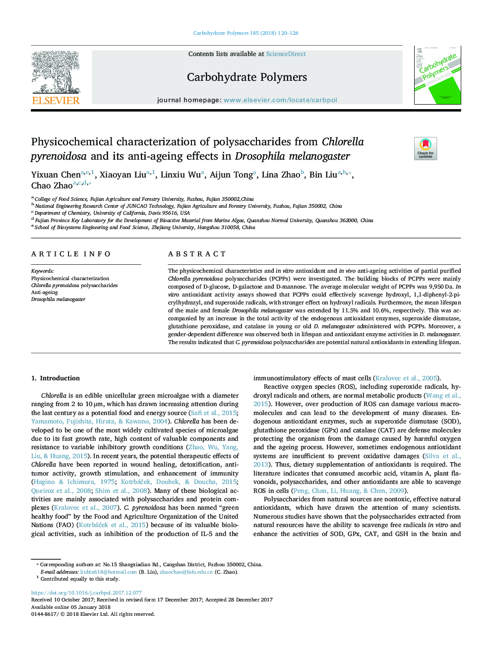 عکس صفحه اول مقاله: Physicochemical characterization of polysaccharides from Chlorella pyrenoidosa and its anti-ageing effects in Drosophila melanogaster Physicochemical characterization of polysaccharides from Chlorella pyrenoidosa and its anti-ageing effects in Drosophila melanogaster
