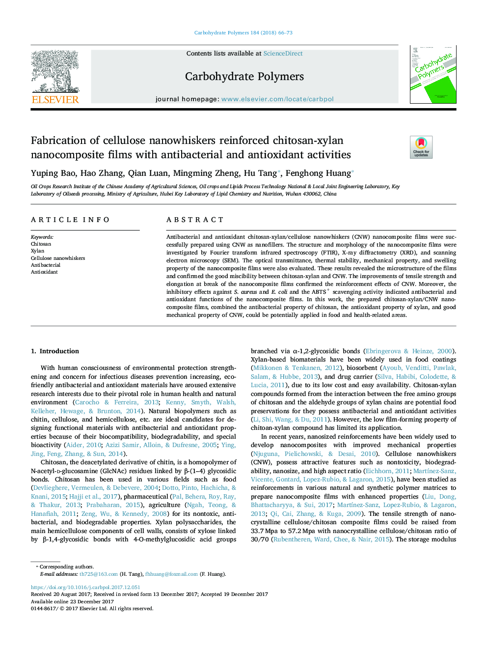 Fabrication of cellulose nanowhiskers reinforced chitosan-xylan nanocomposite films with antibacterial and antioxidant activities