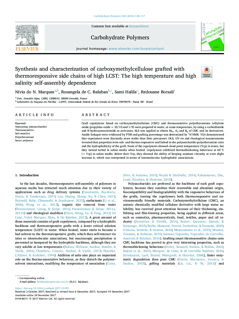 Synthesis and characterization of carboxymethylcellulose grafted with thermoresponsive side chains of high LCST: The high temperature and high salinity self-assembly dependence