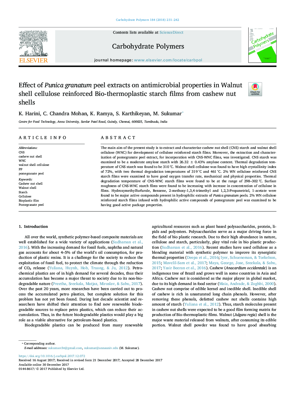 Effect of Punica granatum peel extracts on antimicrobial properties in Walnut shell cellulose reinforced Bio-thermoplastic starch films from cashew nut shells