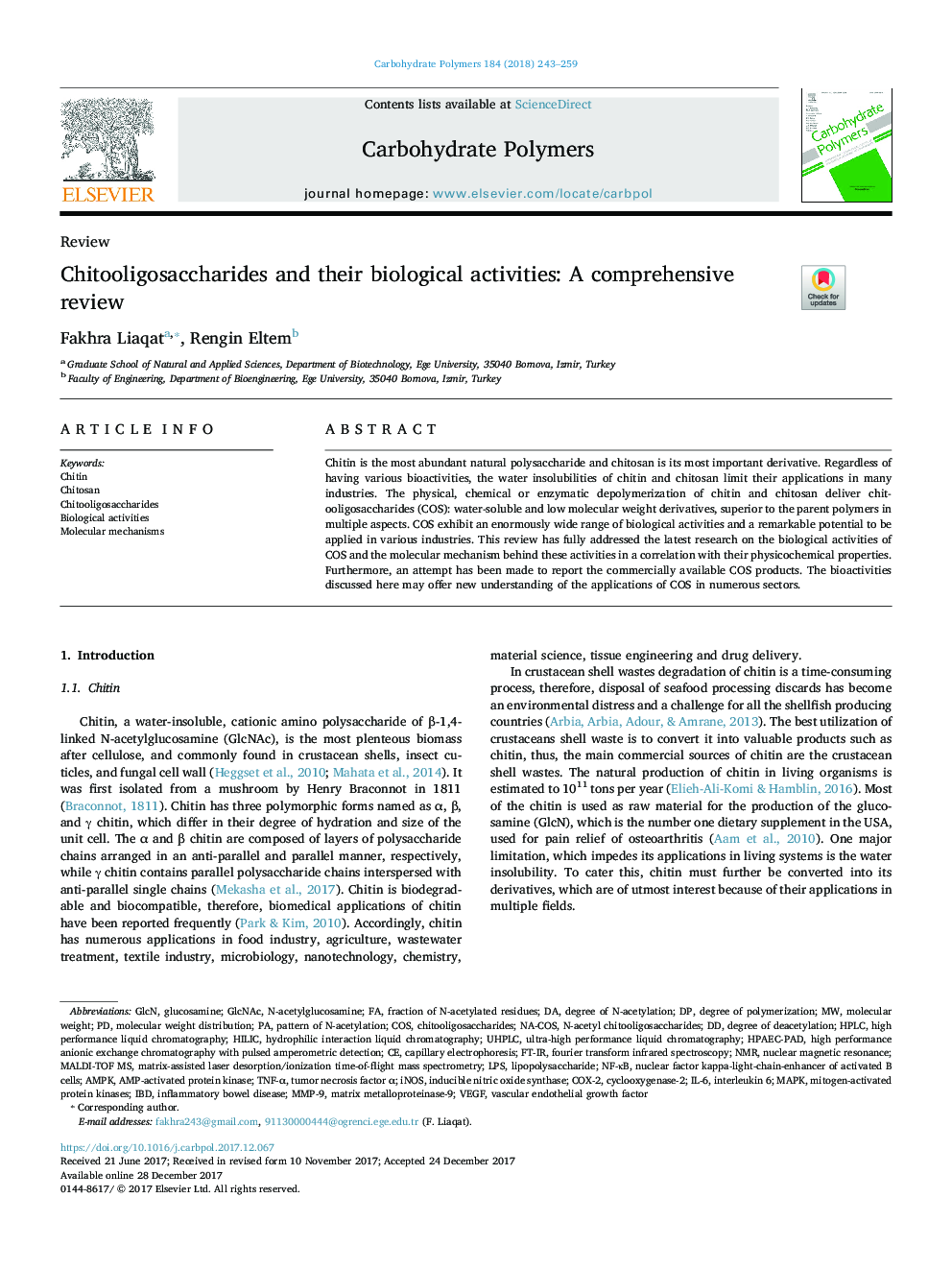 Chitooligosaccharides and their biological activities: A comprehensive review