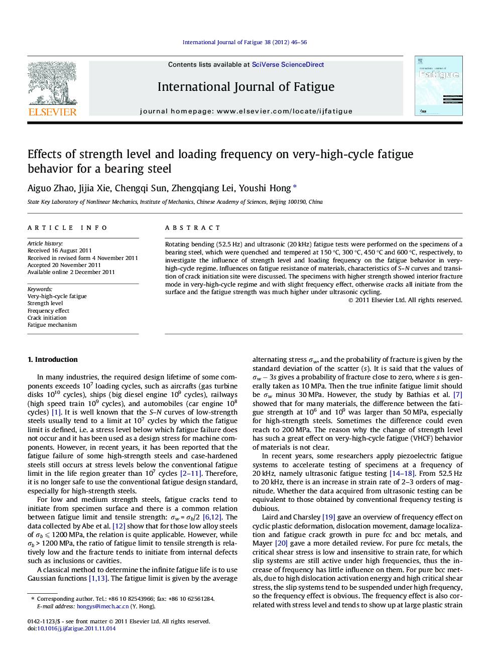 Effects of strength level and loading frequency on very-high-cycle fatigue behavior for a bearing steel