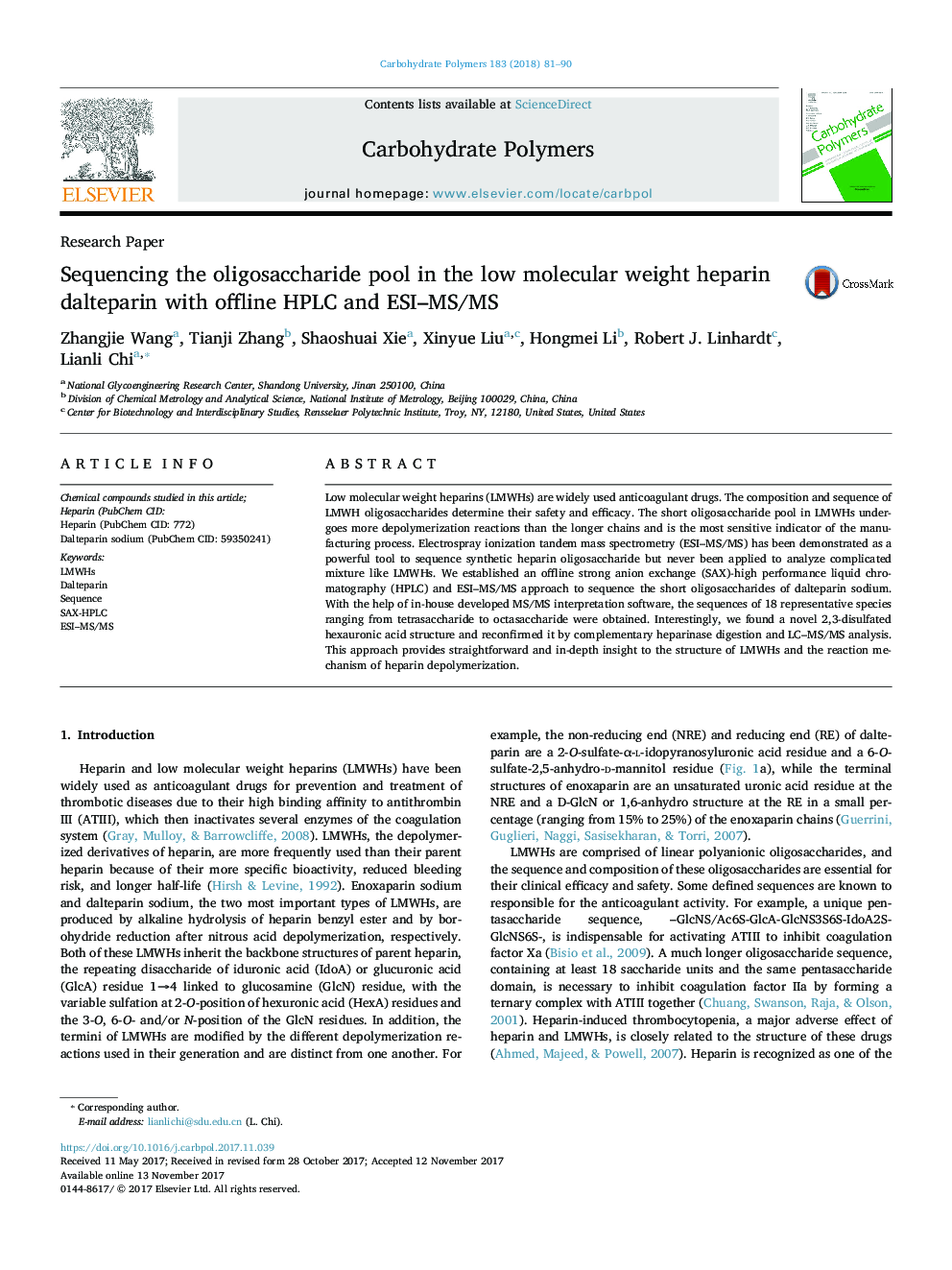 Sequencing the oligosaccharide pool in the low molecular weight heparin dalteparin with offline HPLC and ESI-MS/MS