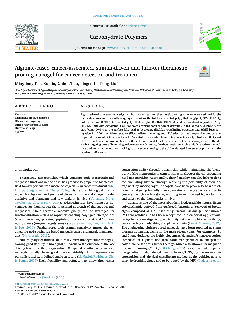 Alginate-based cancer-associated, stimuli-driven and turn-on theranostic prodrug nanogel for cancer detection and treatment