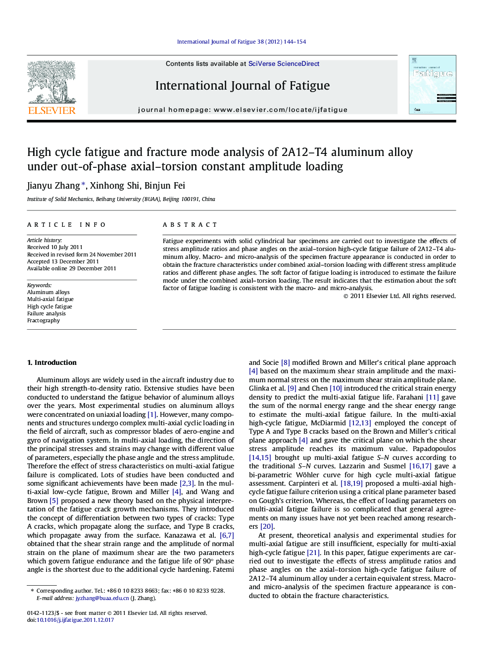 High cycle fatigue and fracture mode analysis of 2A12–T4 aluminum alloy under out-of-phase axial–torsion constant amplitude loading