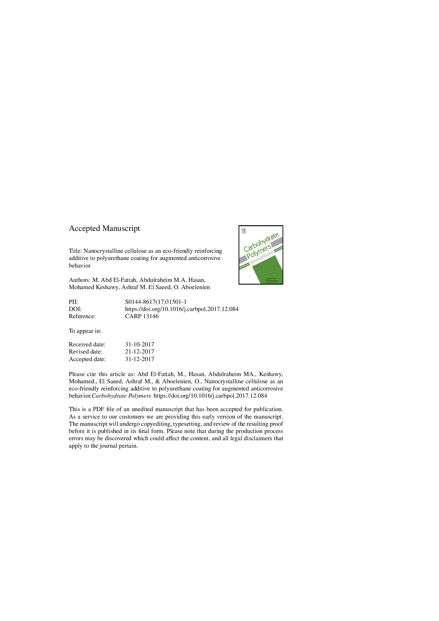 Nanocrystalline cellulose as an eco-friendly reinforcing additive to polyurethane coating for augmented anticorrosive behavior