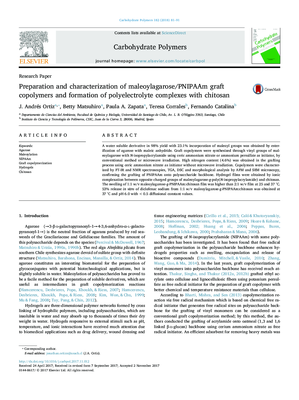 Preparation and characterization of maleoylagarose/PNIPAAm graft copolymers and formation of polyelectrolyte complexes with chitosan