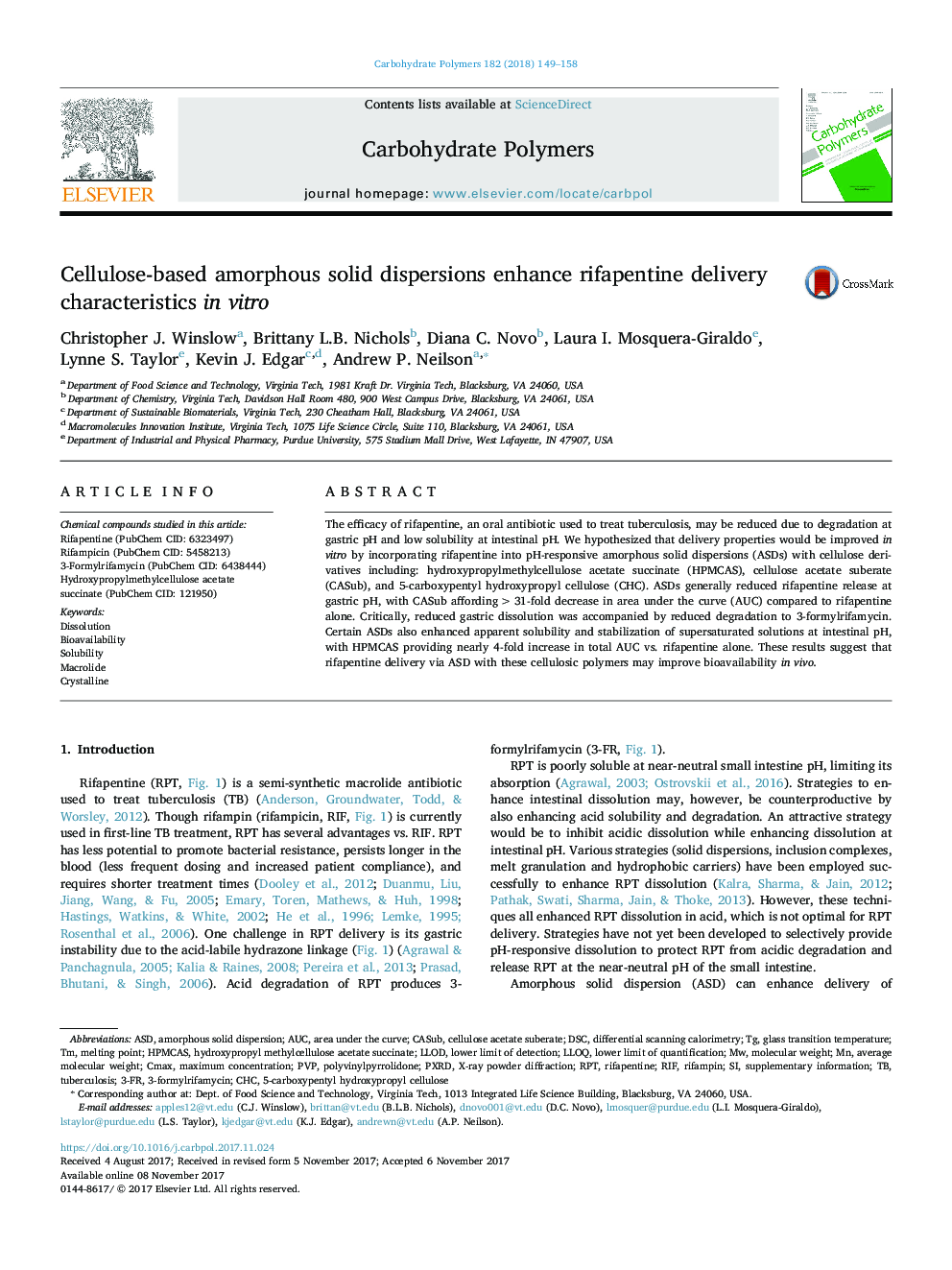 Cellulose-based amorphous solid dispersions enhance rifapentine delivery characteristics in vitro