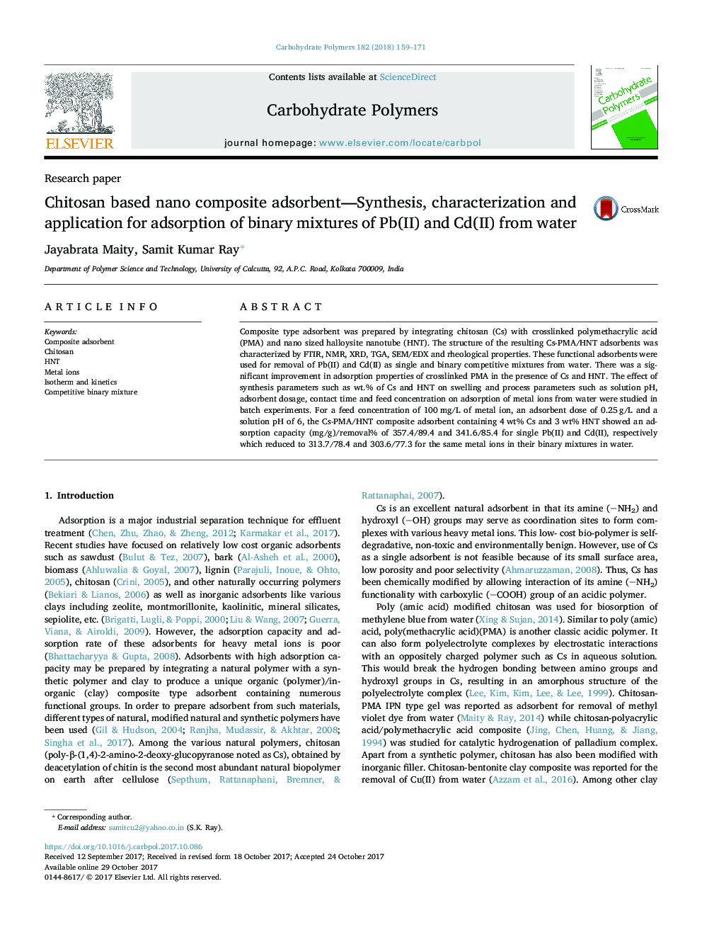 Chitosan based nano composite adsorbent-Synthesis, characterization and application for adsorption of binary mixtures of Pb(II) and Cd(II) from water