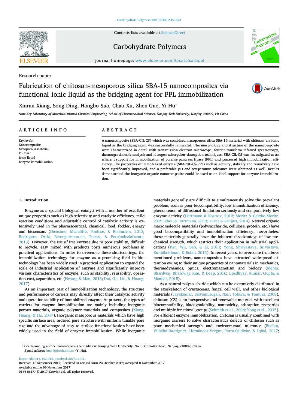 Fabrication of chitosan-mesoporous silica SBA-15 nanocomposites via functional ionic liquid as the bridging agent for PPL immobilization