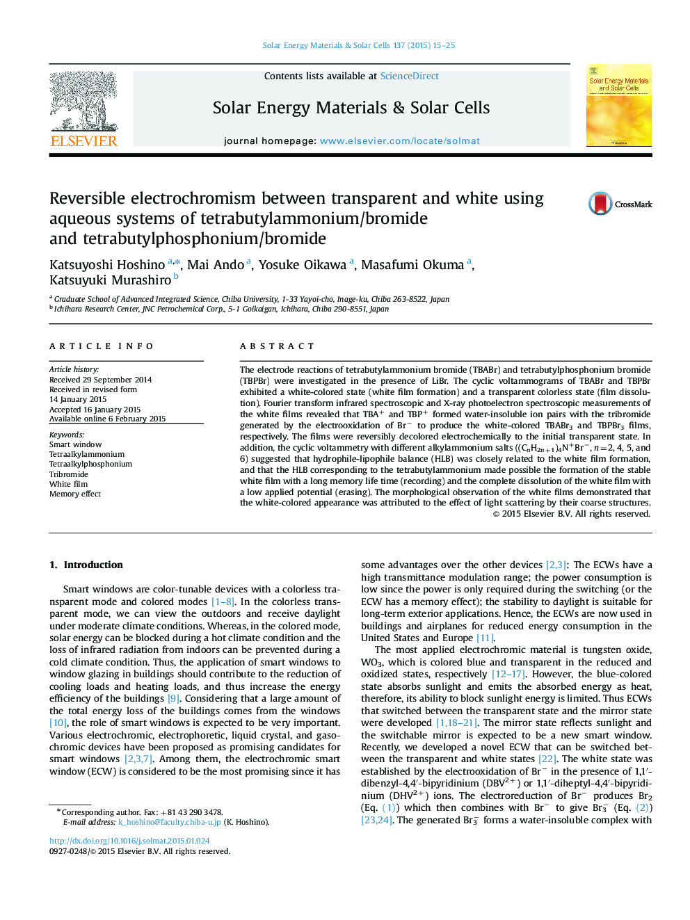 Reversible electrochromism between transparent and white using aqueous systems of tetrabutylammonium/bromide and tetrabutylphosphonium/bromide