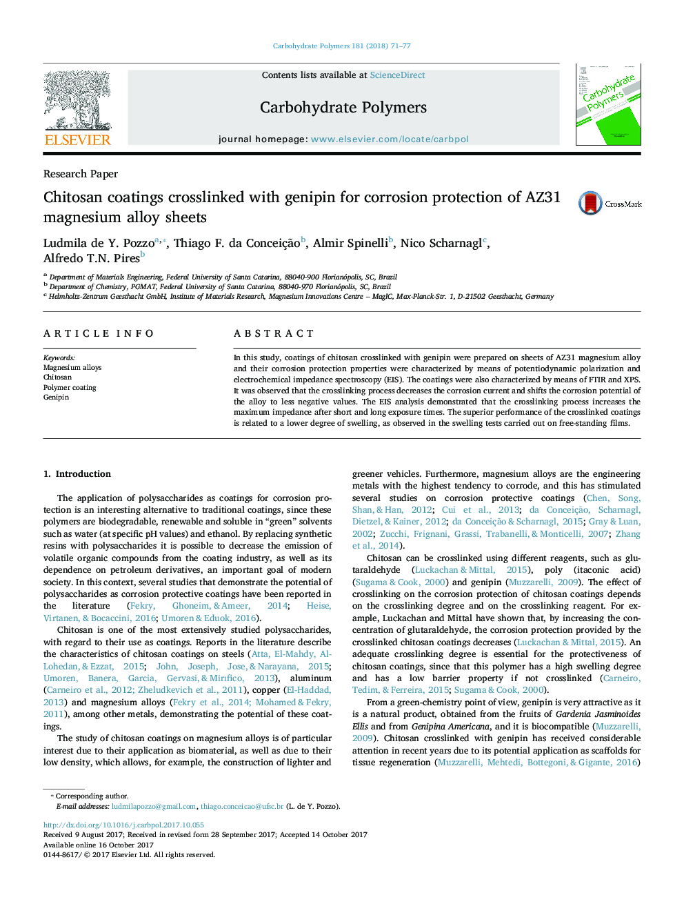 Chitosan coatings crosslinked with genipin for corrosion protection of AZ31 magnesium alloy sheets