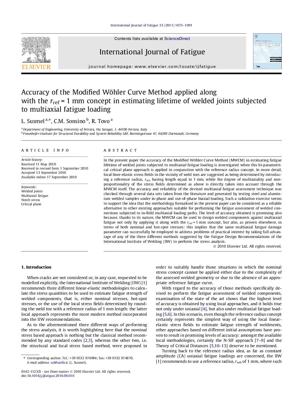 Accuracy of the Modified Wöhler Curve Method applied along with the rref = 1 mm concept in estimating lifetime of welded joints subjected to multiaxial fatigue loading