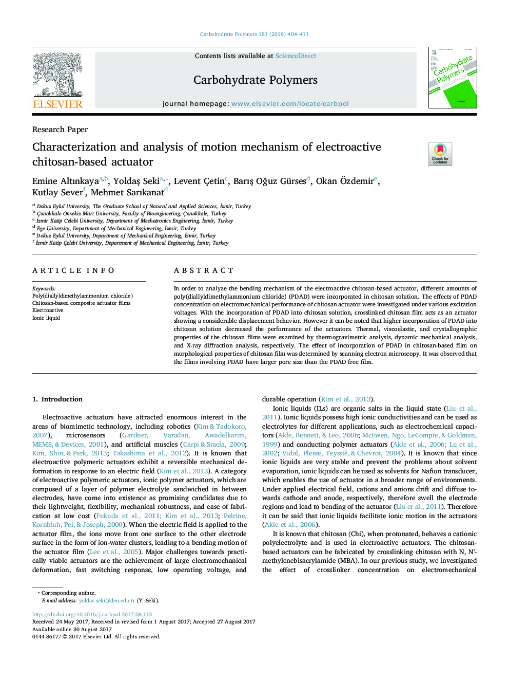 Characterizationâ and âanalysis of âmâotion âmâechanismâ of electroactiveâ chitosan-based actuator