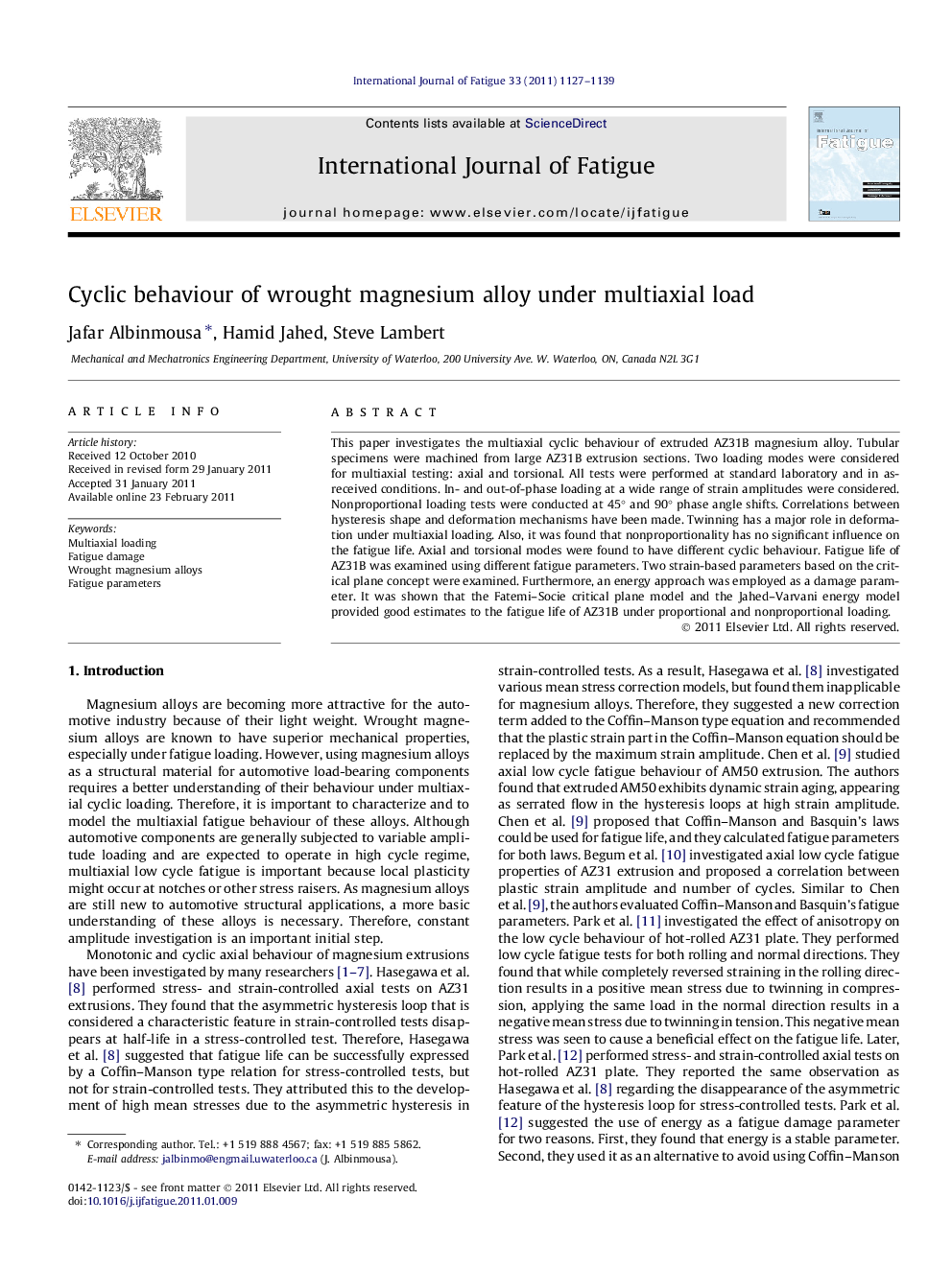 Cyclic behaviour of wrought magnesium alloy under multiaxial load