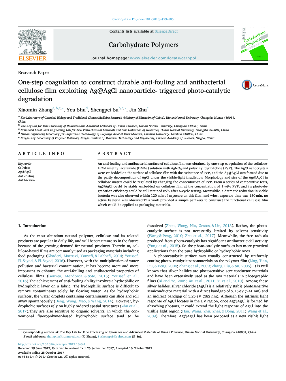 One-step coagulation to construct durable anti-fouling and antibacterial cellulose film exploiting Ag@AgCl nanoparticle- triggered photo-catalytic degradation