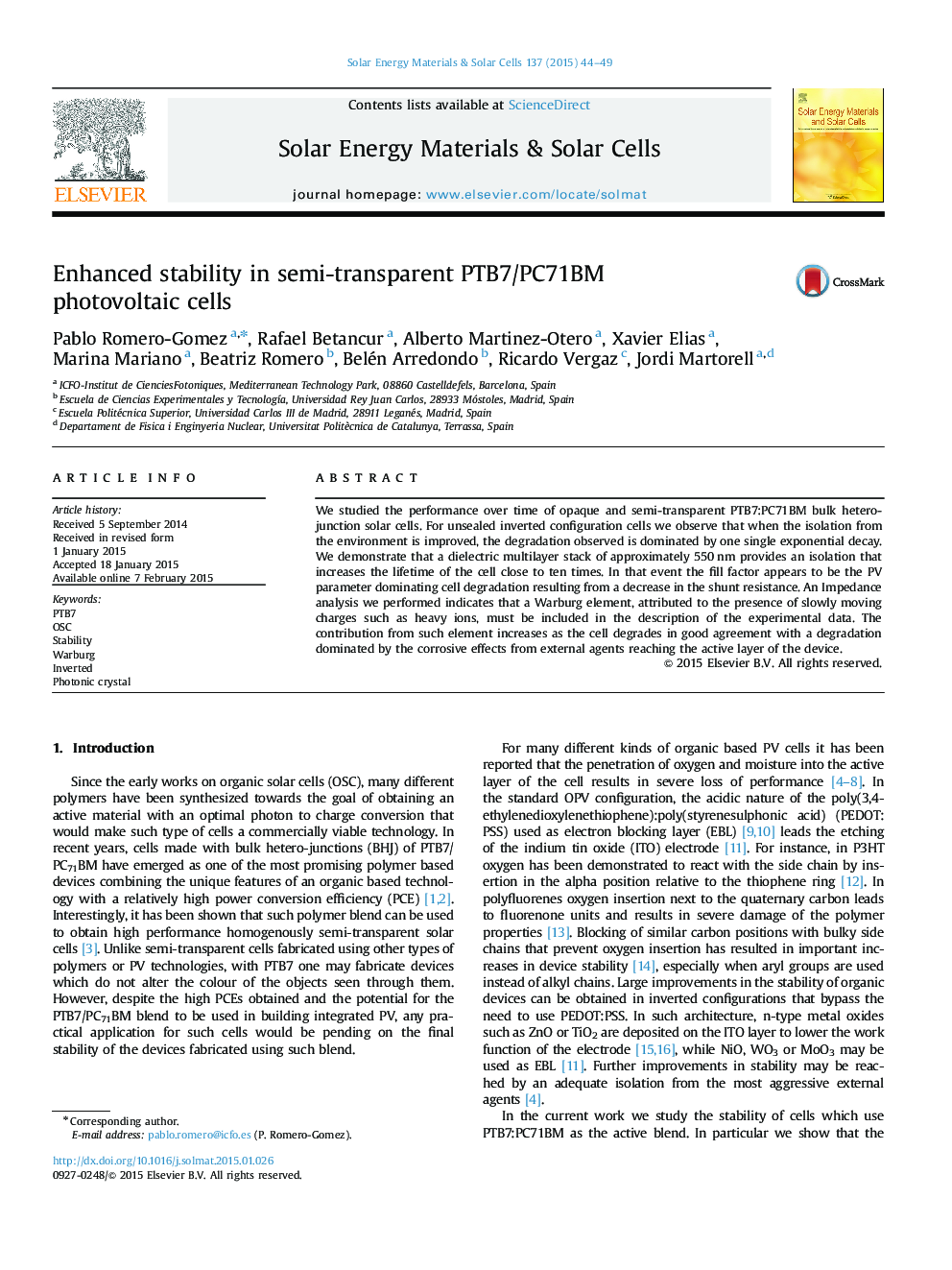 Enhanced stability in semi-transparent PTB7/PC71BM photovoltaic cells