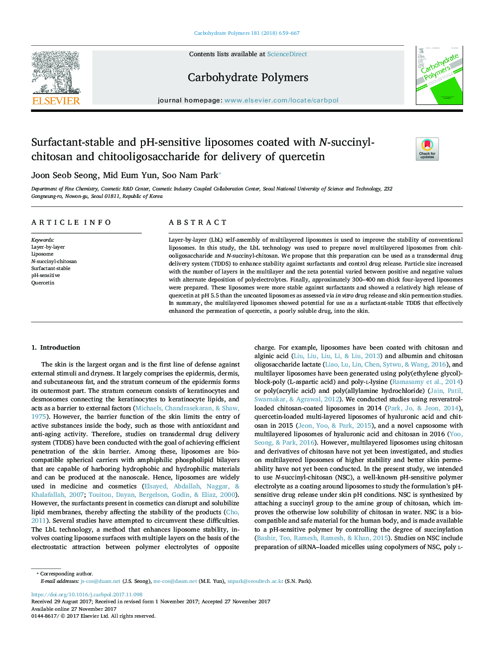 Surfactant-stable and pH-sensitive liposomes coated with N-succinyl-chitosan and chitooligosaccharide for delivery of quercetin