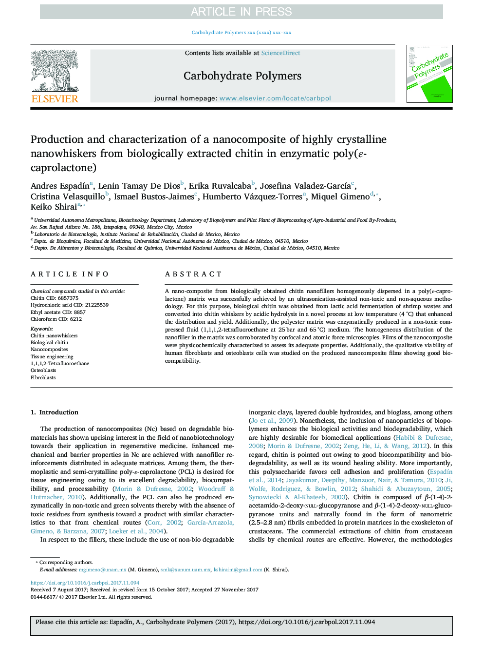 Production and characterization of a nanocomposite of highly crystalline nanowhiskers from biologically extracted chitin in enzymatic poly(Îµ-caprolactone)