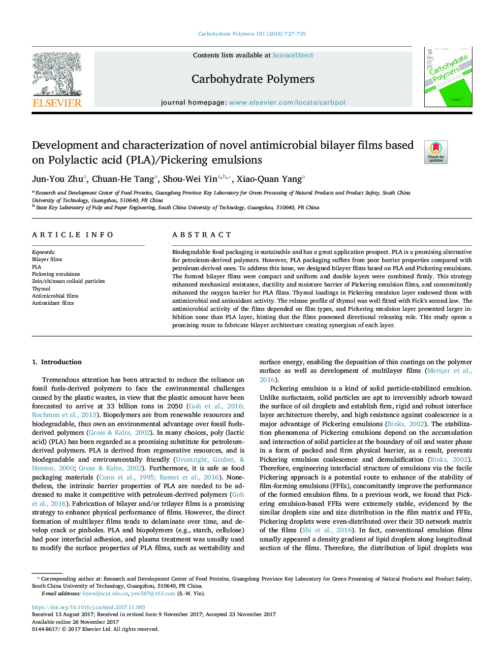 Development and characterization of novel antimicrobial bilayer films based on Polylactic acid (PLA)/Pickering emulsions