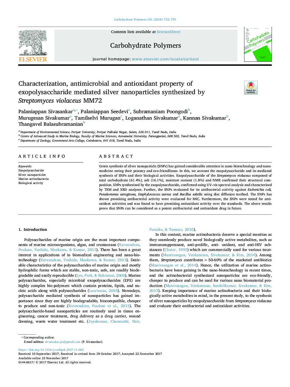 Characterization, antimicrobial and antioxidant property of exopolysaccharide mediated silver nanoparticles synthesized by Streptomyces violaceus MM72