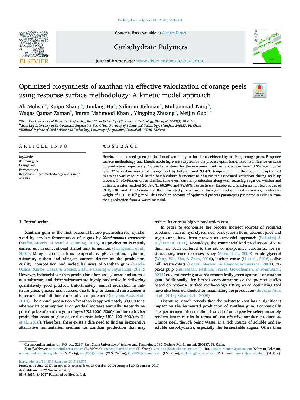 Optimized biosynthesis of xanthan via effective valorization of orange peels using response surface methodology: A kinetic model approach