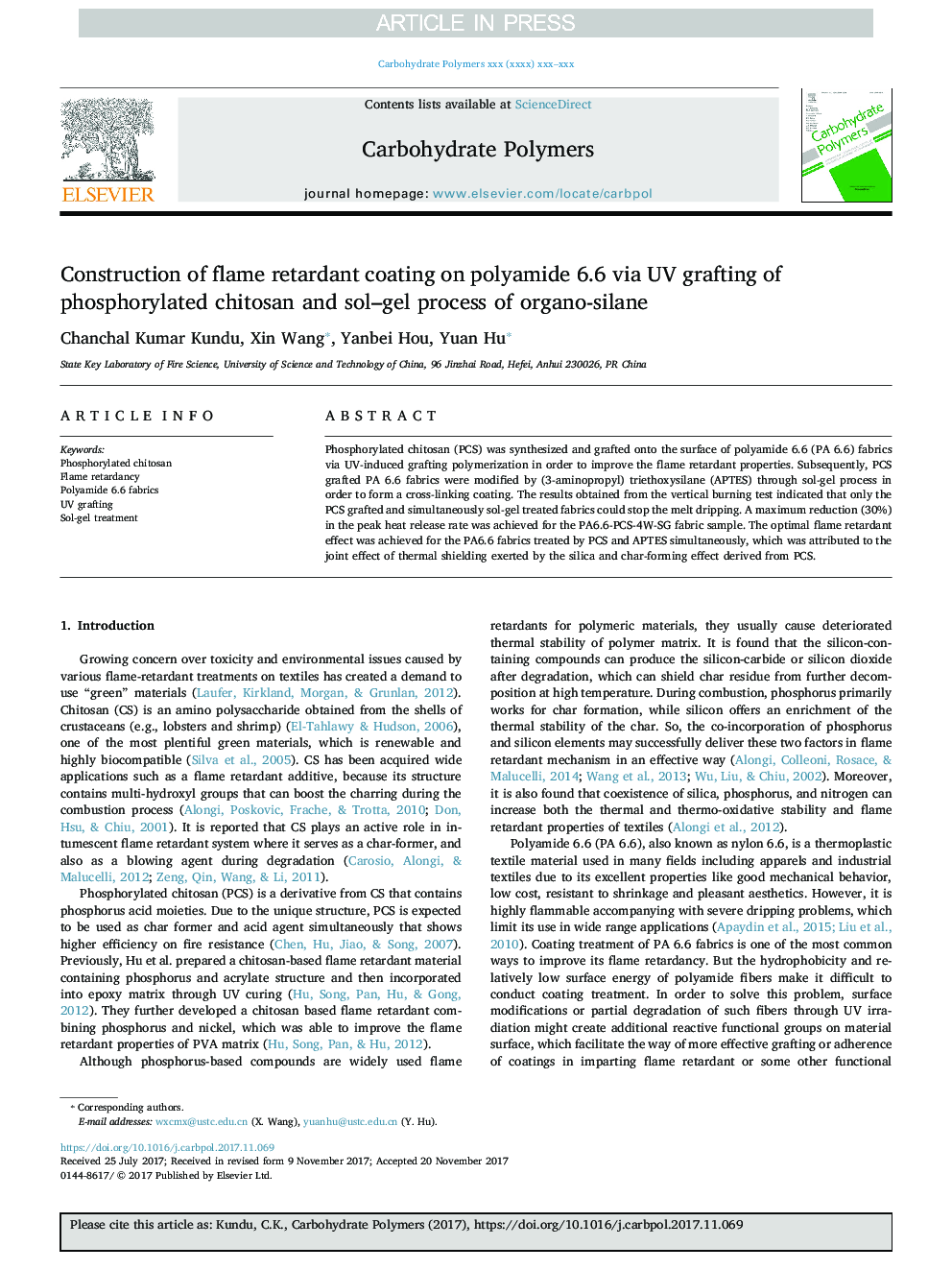 Construction of flame retardant coating on polyamide 6.6 via UV grafting of phosphorylated chitosan and sol-gel process of organo-silane