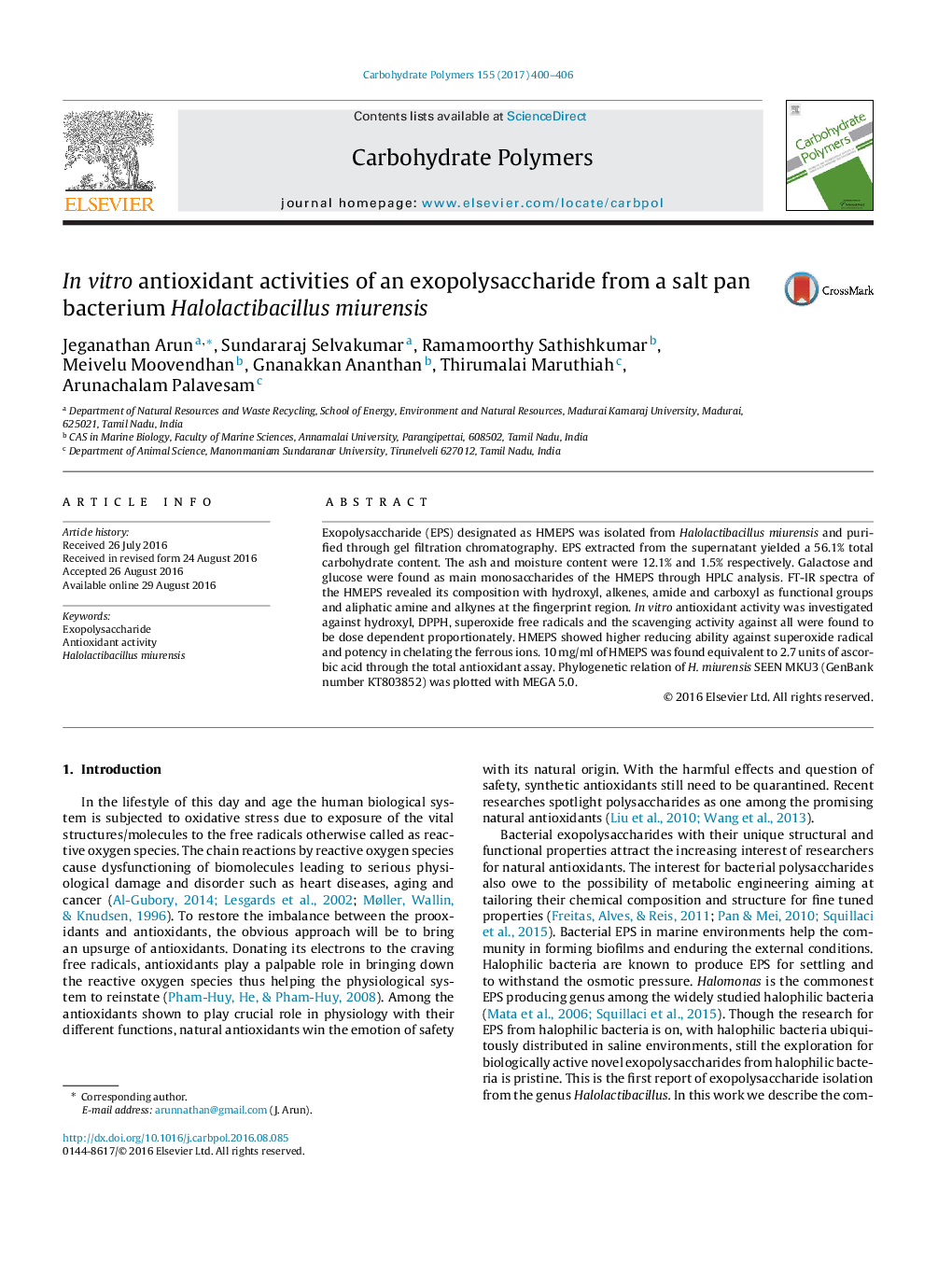 In vitro antioxidant activities of an exopolysaccharide from a salt pan bacterium Halolactibacillus miurensis